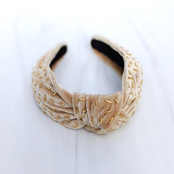 Gold Confetti Knot Velvet Headband Bugle Beads Handmade Knotted Turban Party main image 5